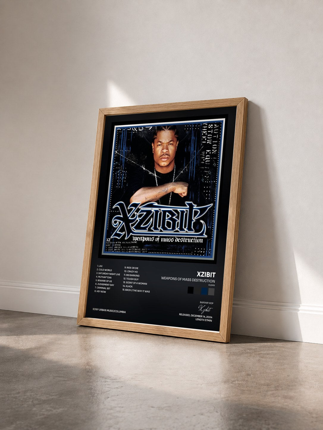 #bois Tableau de l'album Weapons of Mass Destruction (Clean) de Xzibit vu de trois quarts, cadre en bois brut