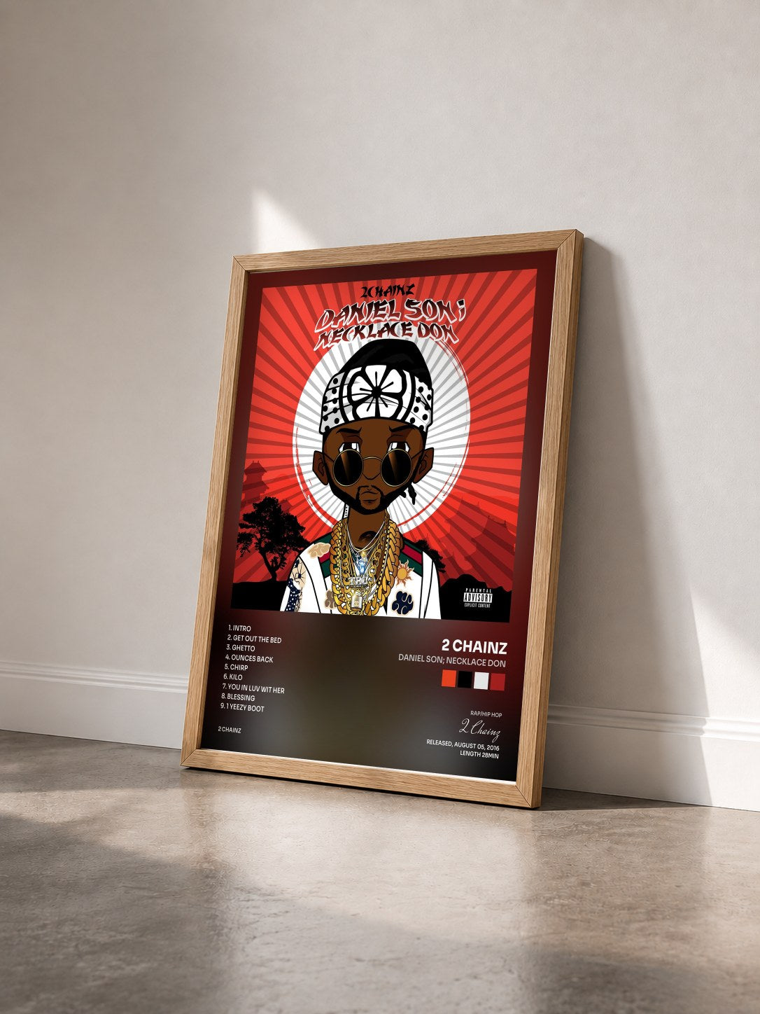 #bois Tableau de l'album Daniel Son; Necklace Don de 2 Chainz vu de trois quarts, cadre en bois brut