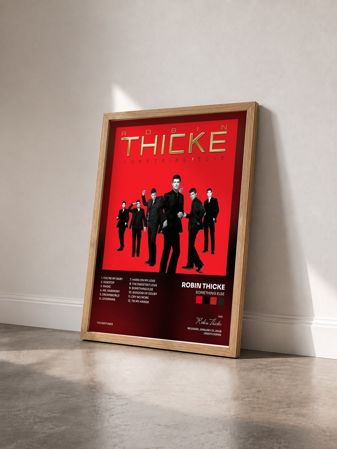 #bois Tableau de l'album Something Else de Robin Thicke vu de trois quarts, cadre en bois brut