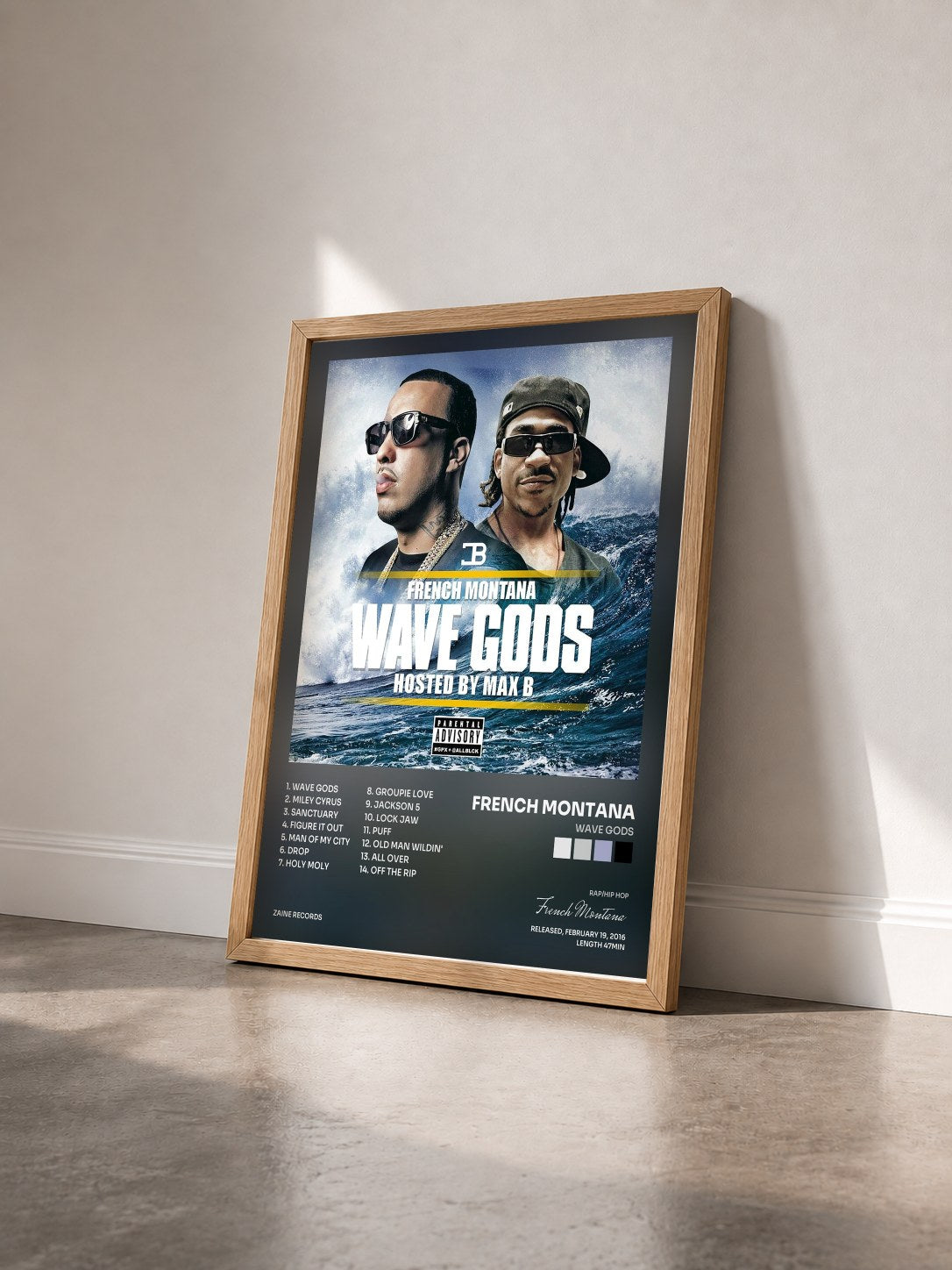 #bois Tableau de l'album Wave Gods de French Montana vu de trois quarts, cadre en bois brut