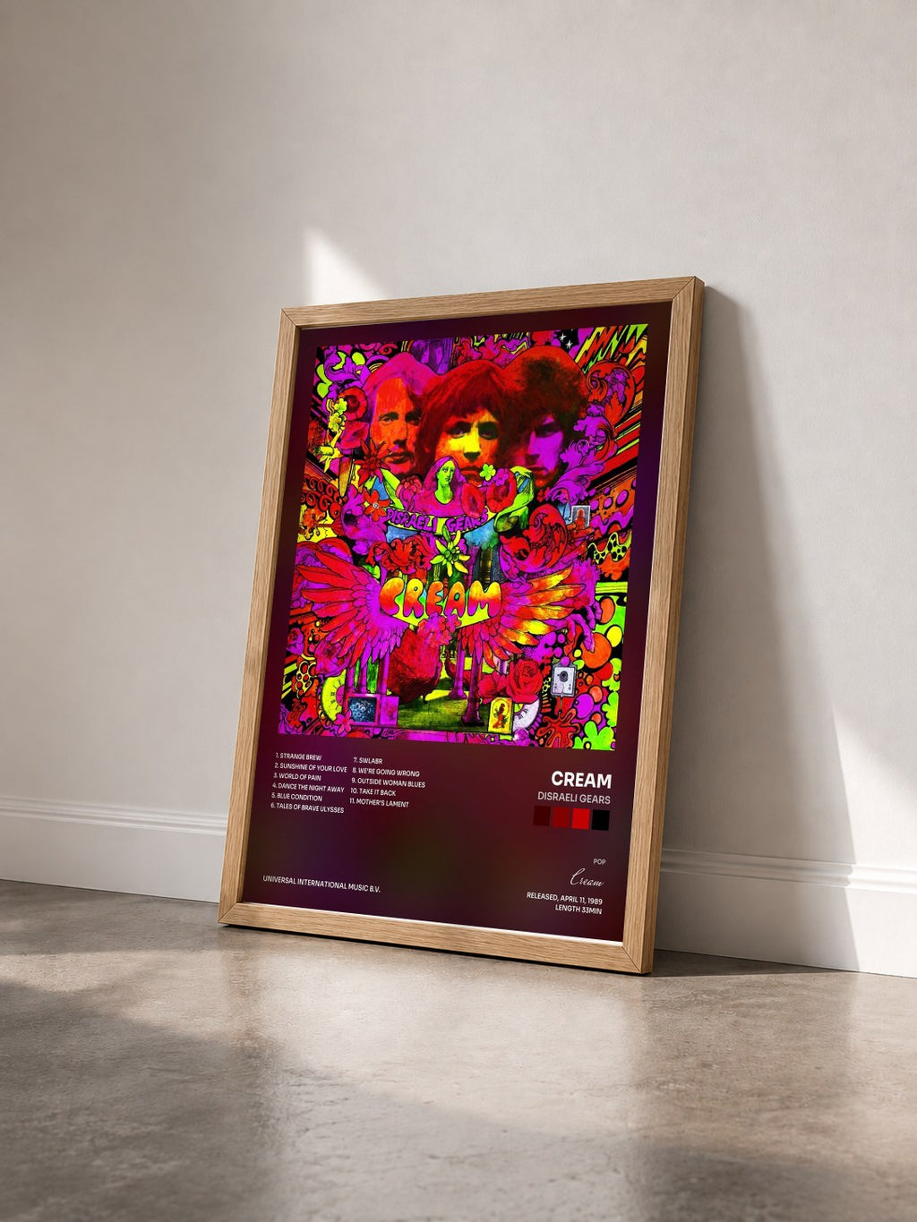 #bois Tableau de l'album Disraeli Gears de Cream vu de trois quarts, cadre en bois brut