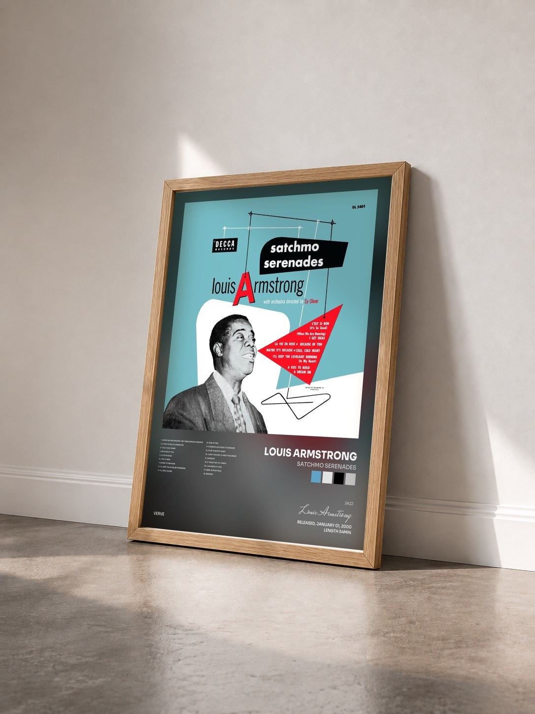 #bois Tableau de l'album Satchmo Serenades de Louis Armstrong vu de trois quarts, cadre en bois brut