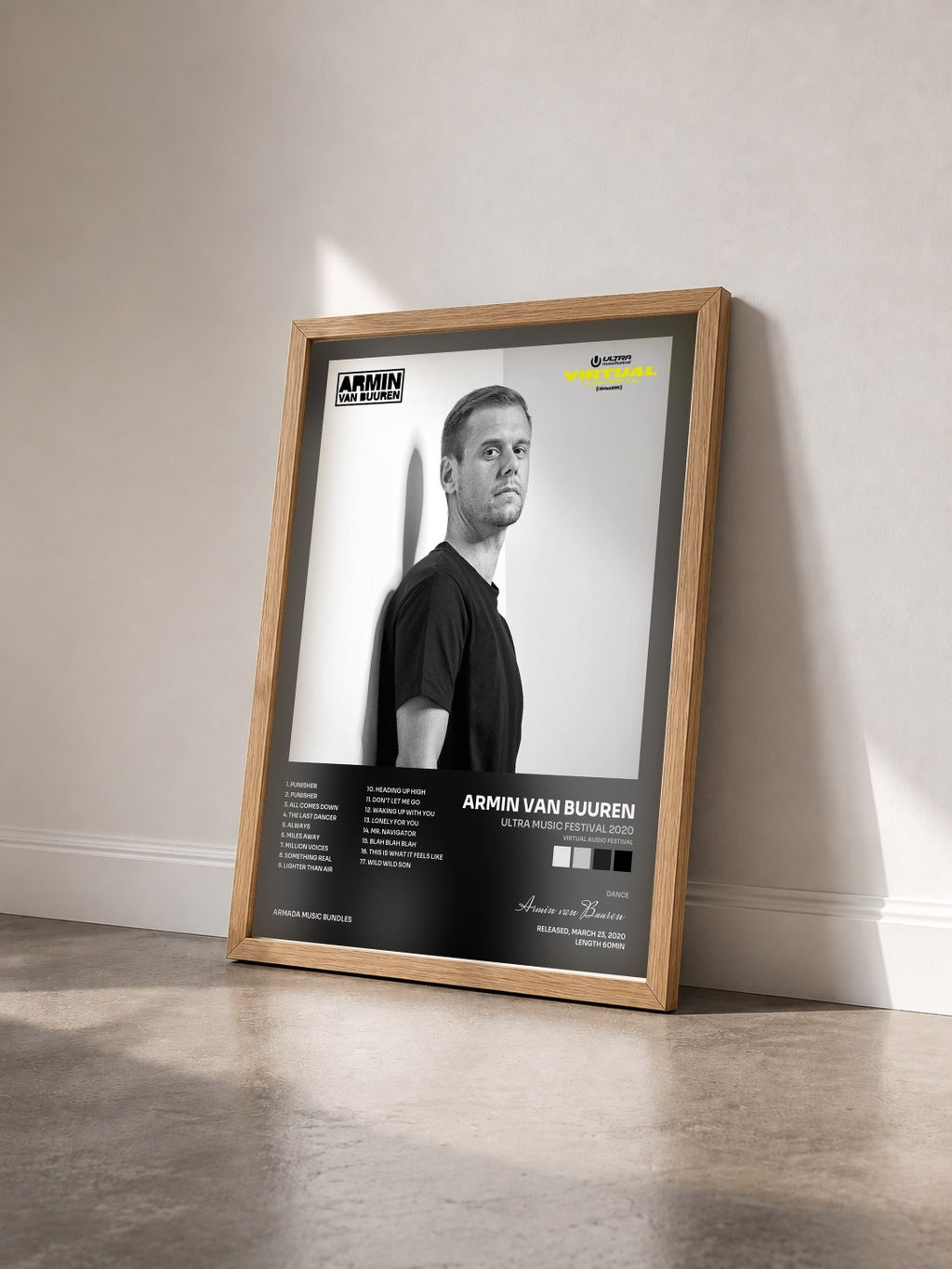 #bois Tableau de l'album Ultra Music Festival 2020 (Virtual Audio Festival) de Armin van Buuren vu de trois quarts, cadre en bois brut