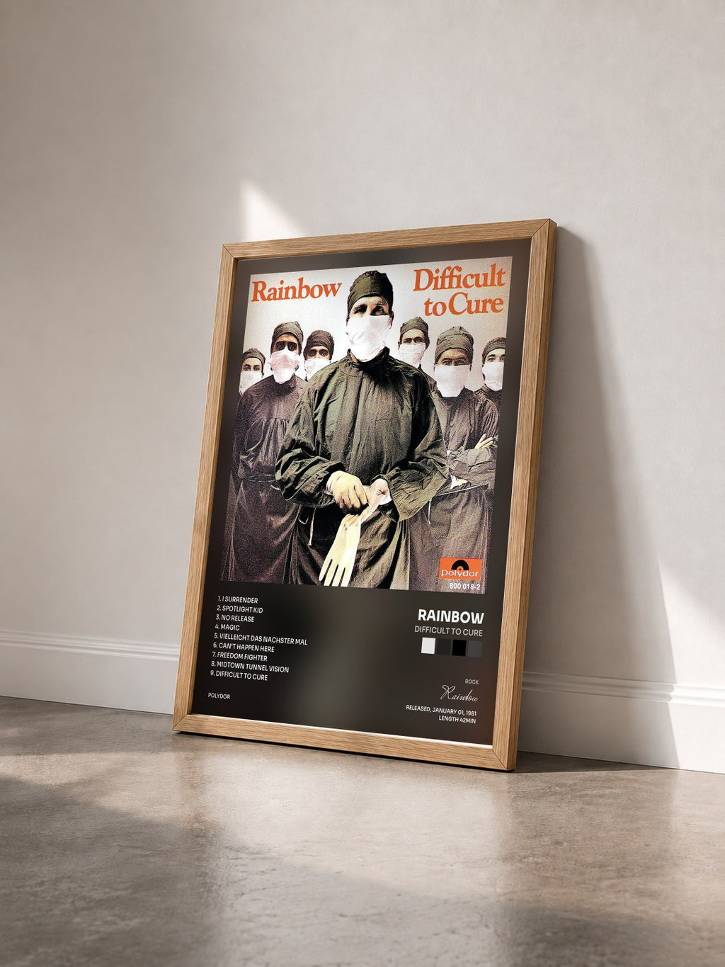 #bois Tableau de l'album Difficult To Cure de Rainbow vu de trois quarts, cadre en bois brut