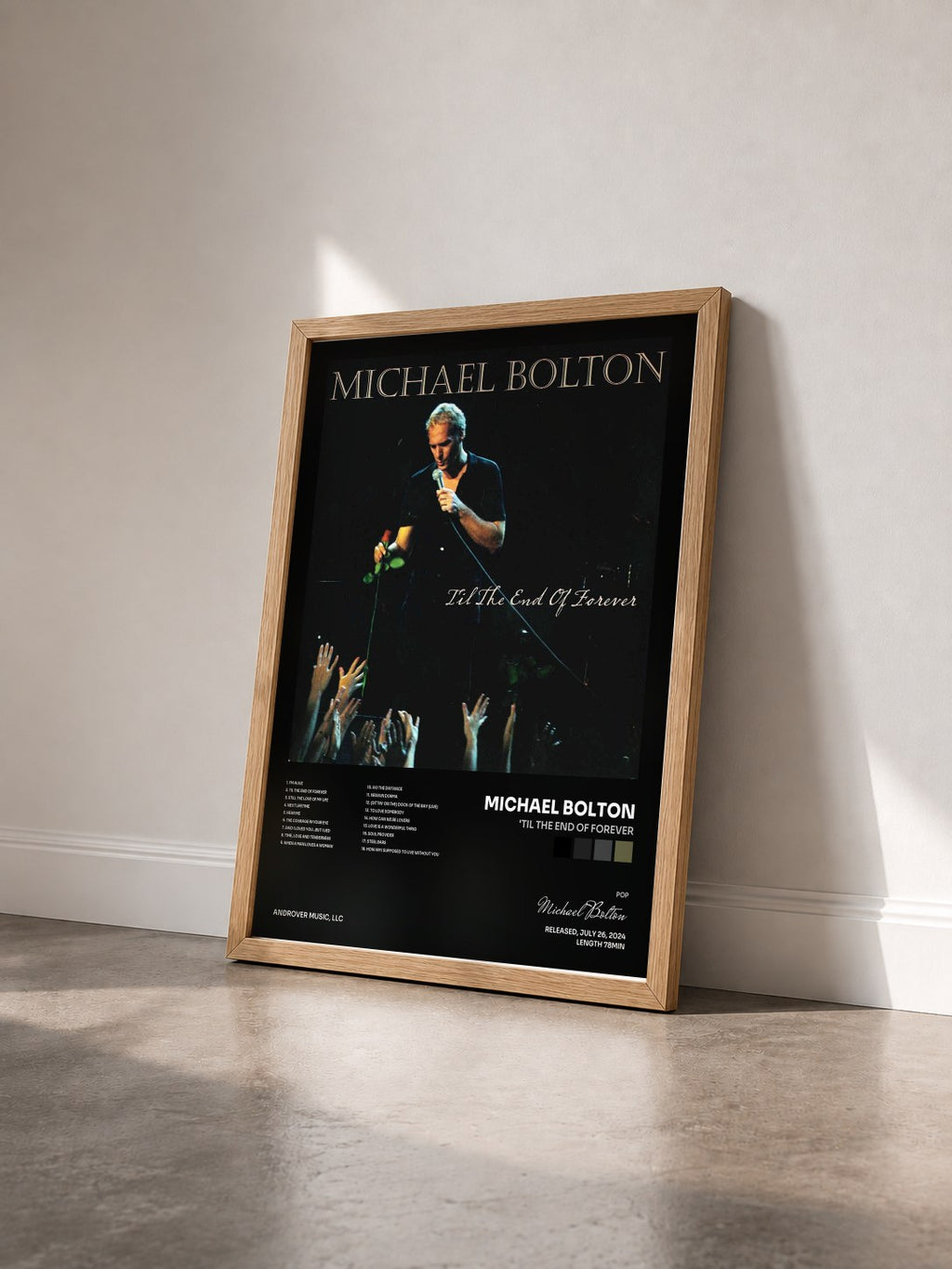 #bois Tableau de l'album 'Til the End of Forever de Michael Bolton vu de trois quarts, cadre en bois brut