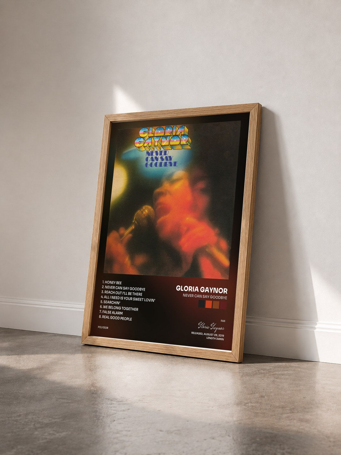#bois Tableau de l'album Never Can Say Goodbye de Gloria Gaynor vu de trois quarts, cadre en bois brut
