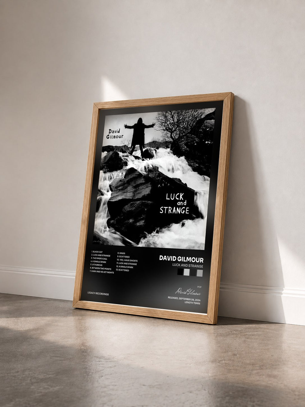 #bois Tableau de l'album Luck and Strange de David Gilmour vu de trois quarts, cadre en bois brut