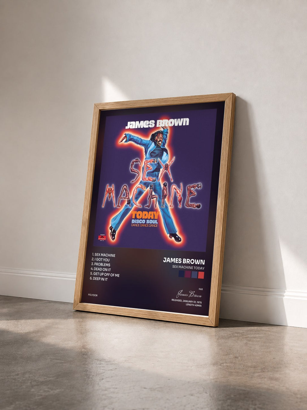 #bois Tableau de l'album Sex Machine Today de James Brown vu de trois quarts, cadre en bois brut