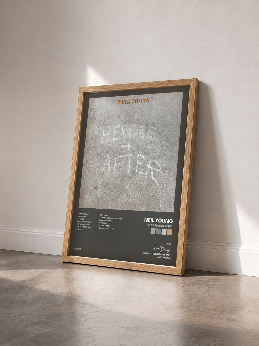 #bois Tableau de l'album Before and After de Neil Young vu de trois quarts, cadre en bois brut