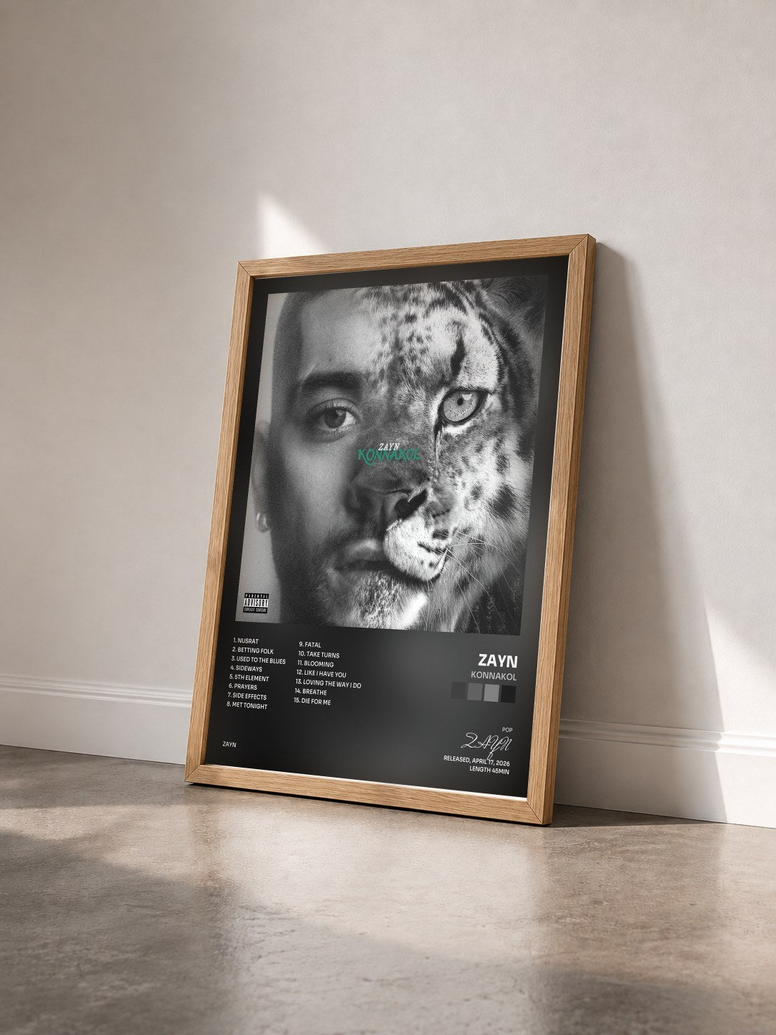 #bois Tableau de l'album KONNAKOL de ZAYN vu de trois quarts, cadre en bois brut