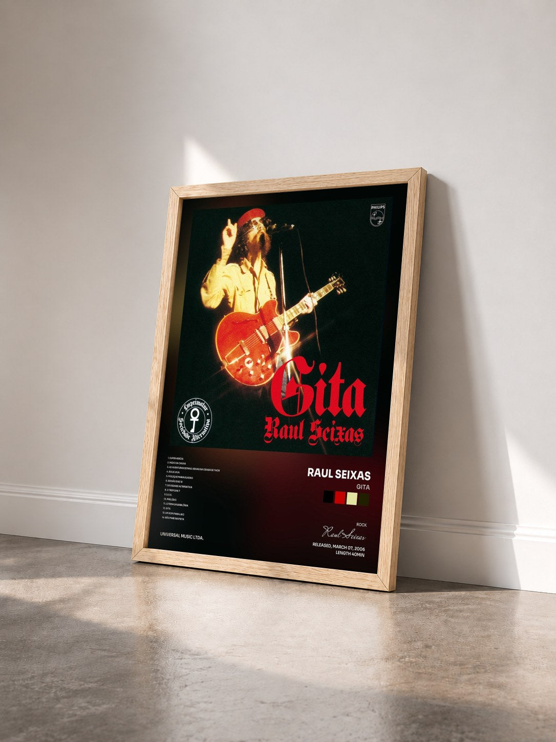 #bois Tableau de l'album Gita de Raul Seixas vu de trois quarts, cadre en bois brut