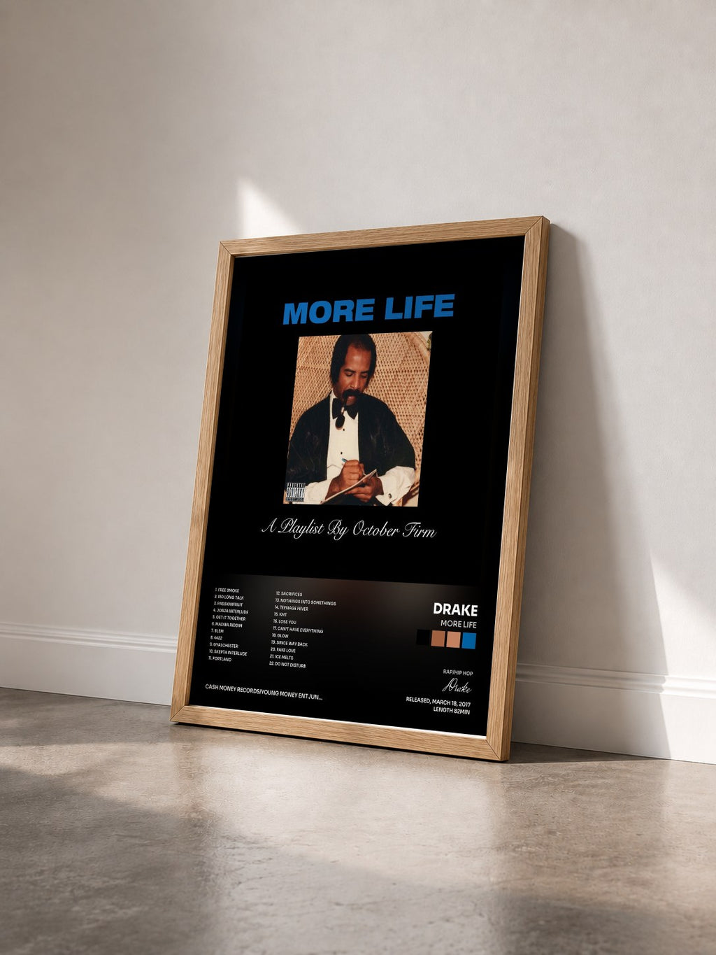 #bois Tableau de l'album More Life de Drake vu de trois quarts, cadre en bois brut
