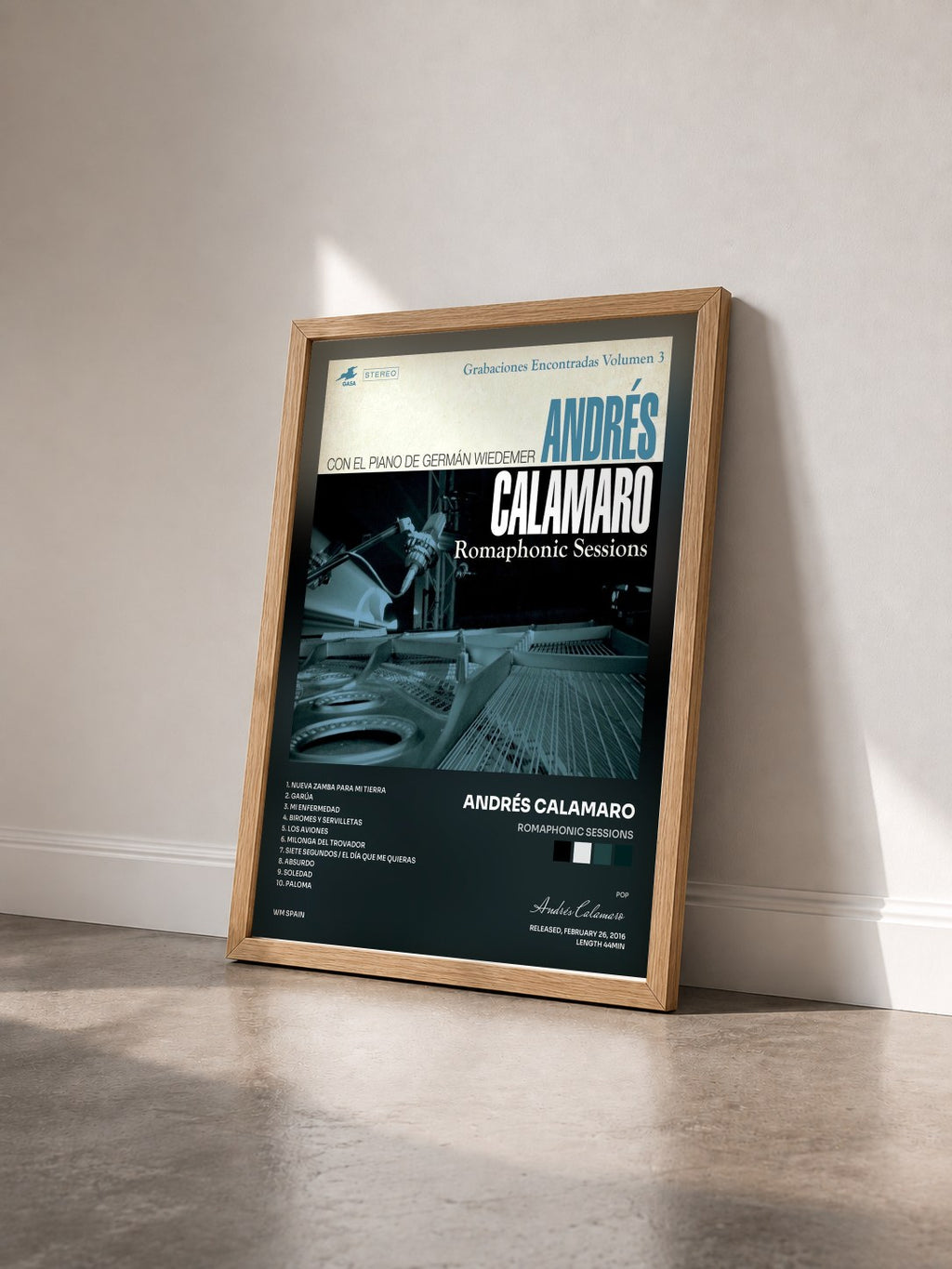 #bois Tableau de l'album Romaphonic Sessions de Andrés Calamaro vu de trois quarts, cadre en bois brut