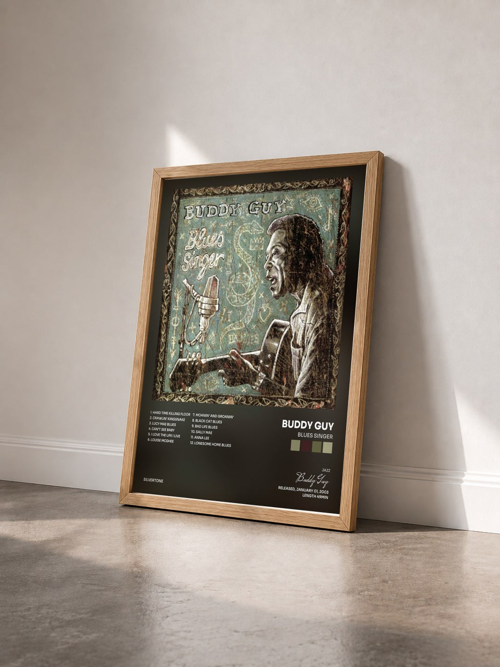 #bois Tableau de l'album Blues Singer de Buddy Guy vu de trois quarts, cadre en bois brut