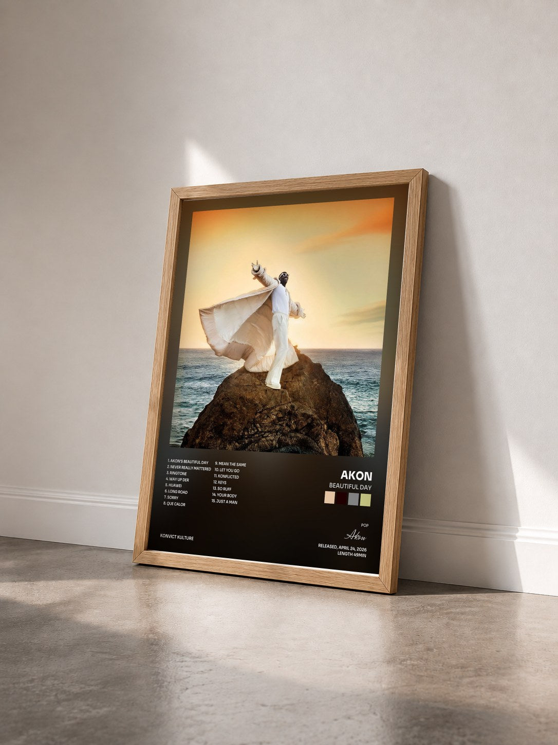 #bois Tableau de l'album BEAUTIFUL DAY de Akon vu de trois quarts, cadre en bois brut