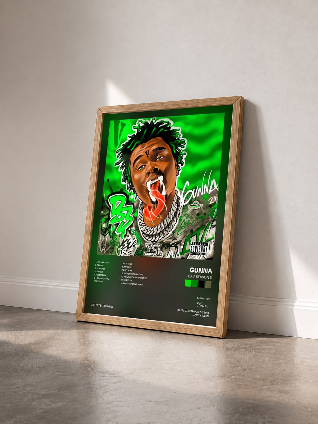 #bois Tableau de l'album Drip Season 3 de Gunna vu de trois quarts, cadre en bois brut