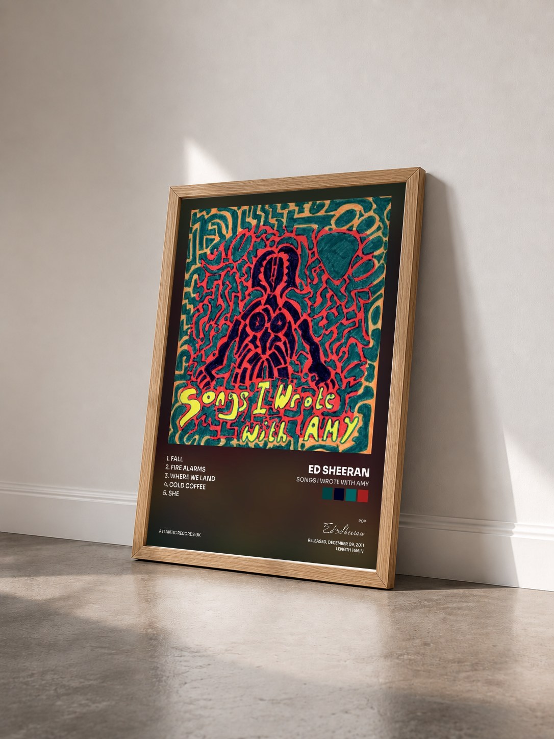 #bois Tableau de l'album Songs I Wrote With Amy de Ed Sheeran vu de trois quarts, cadre en bois brut
