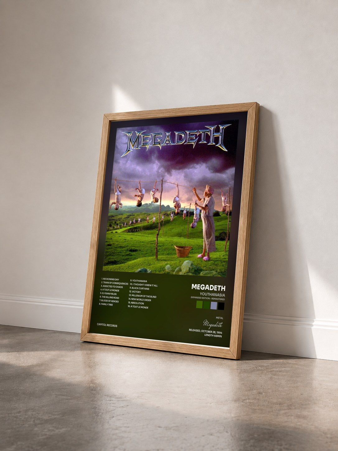 #bois Tableau de l'album Youthanasia (Expanded Edition - Remastered) de Megadeth vu de trois quarts, cadre en bois brut