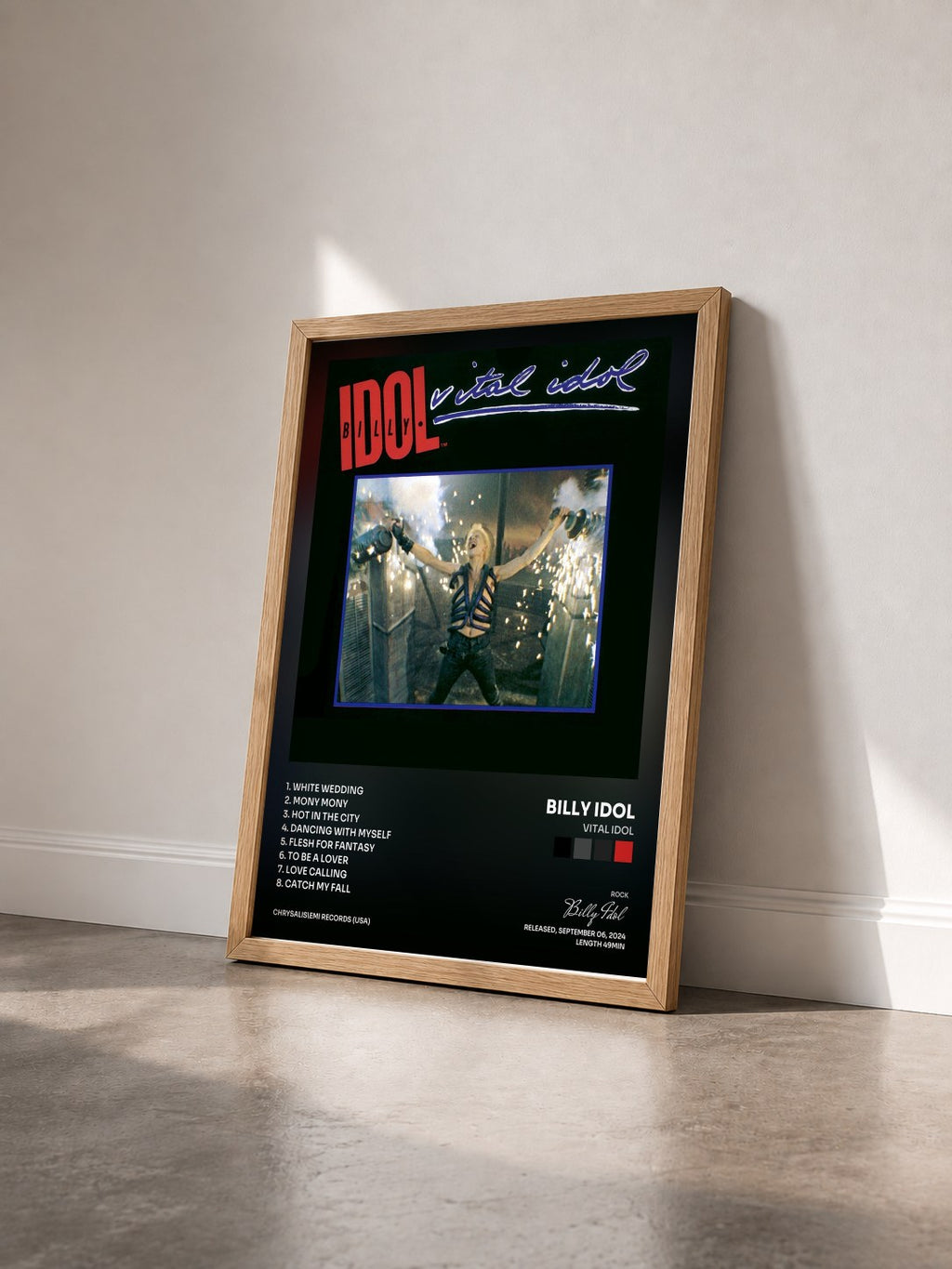 #bois Tableau de l'album Vital Idol de Billy Idol vu de trois quarts, cadre en bois brut