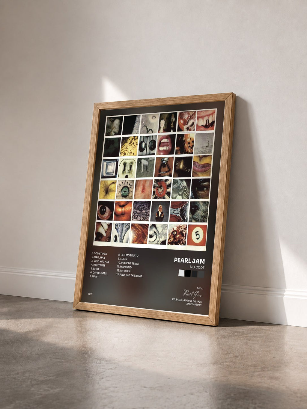 #bois Tableau de l'album No Code de Pearl Jam vu de trois quarts, cadre en bois brut