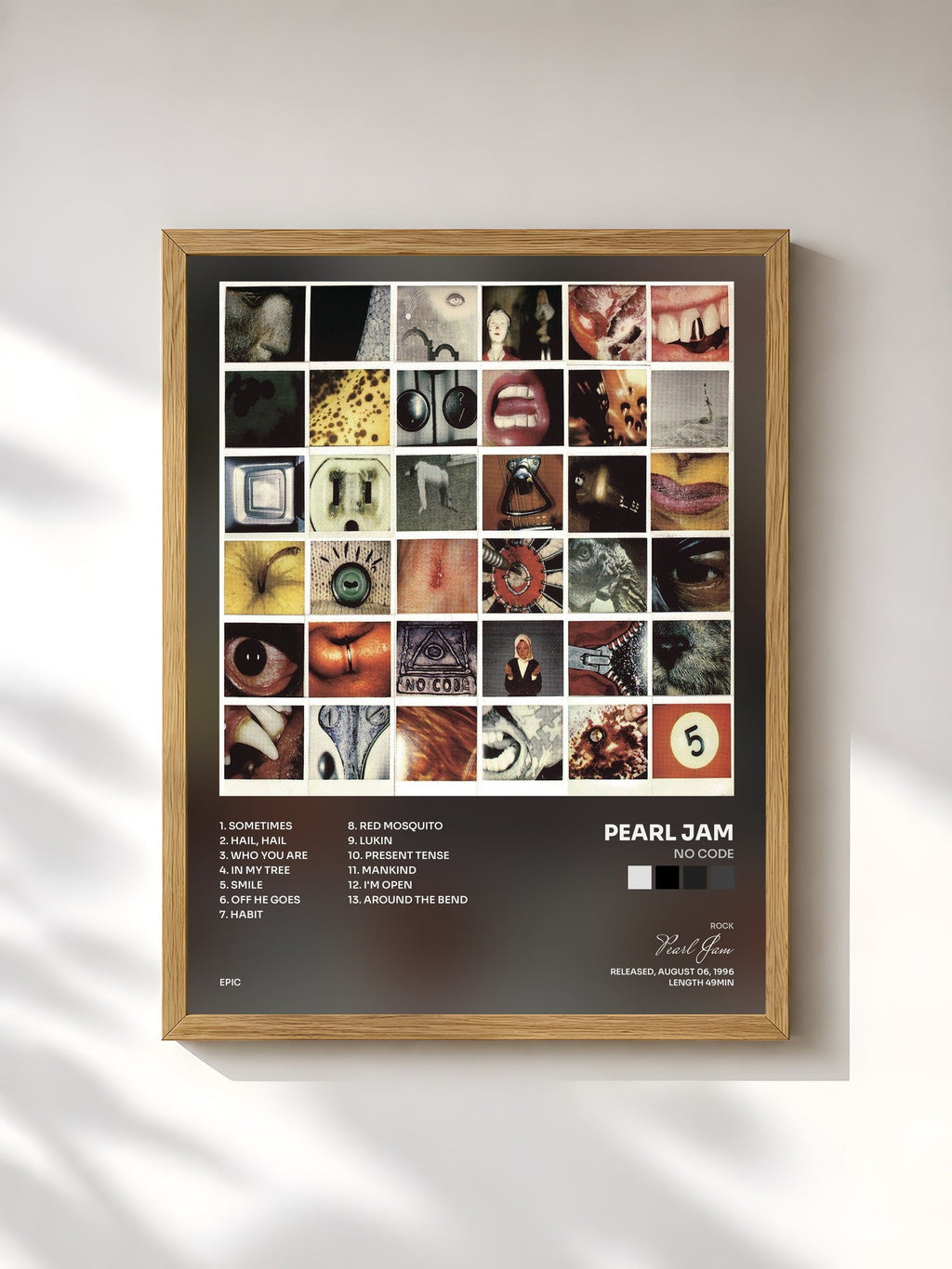 #bois Tableau de l'album No Code de Pearl Jam, cadre en bois brut, imprimé et encadré en France