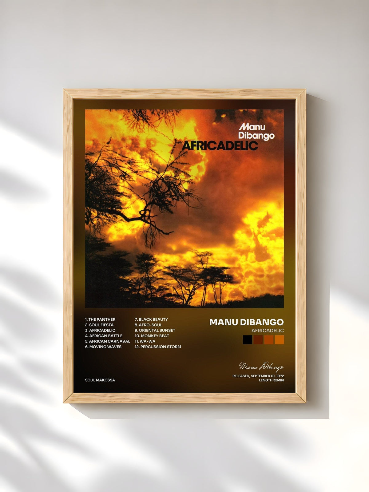 #bois Tableau de l'album Africadelic de Manu Dibango, cadre en bois brut, imprimé et encadré en France