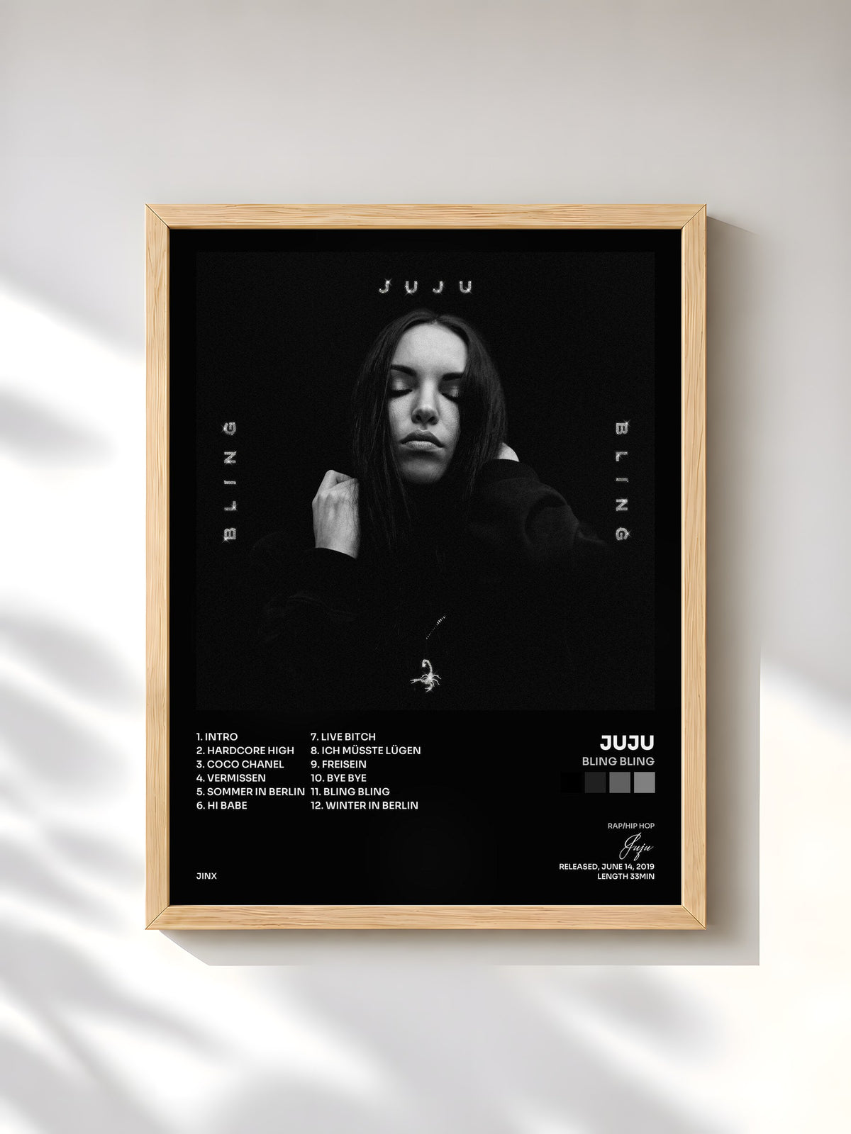 #bois Tableau de l'album Bling Bling de Juju, cadre en bois brut, imprimé et encadré en France