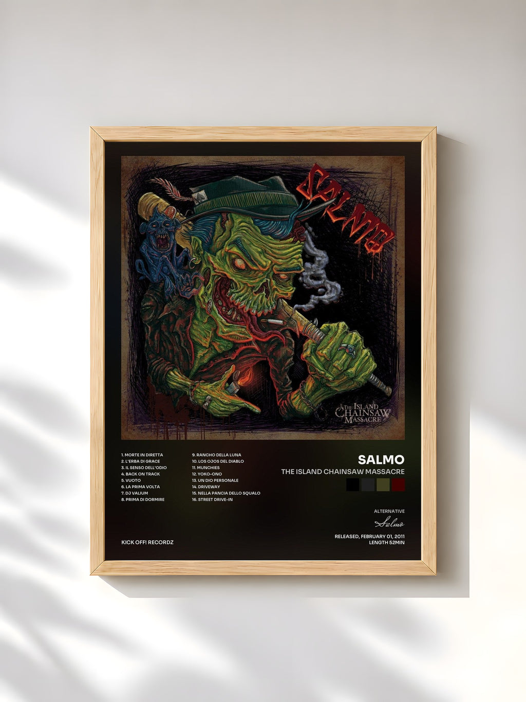 #bois Tableau de l'album The Island Chainsaw Massacre de Salmo, cadre en bois brut, imprimé et encadré en France