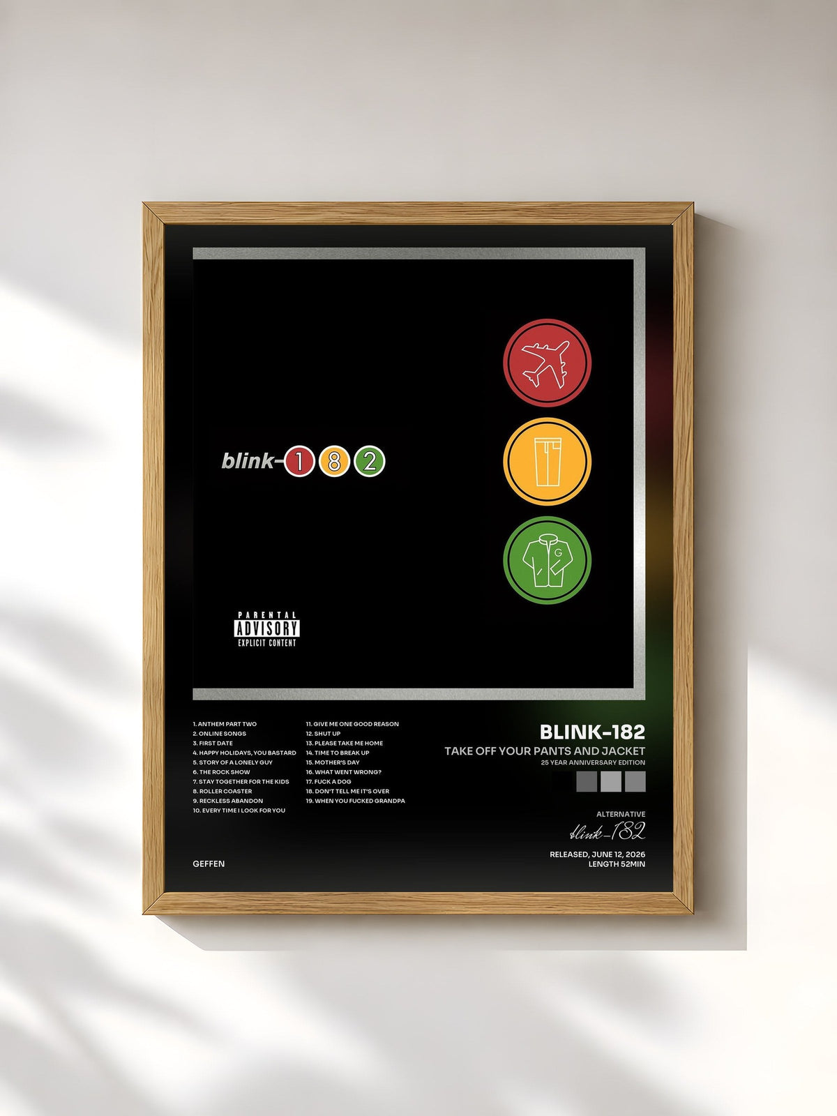 #bois Tableau de l'album Take Off Your Pants And Jacket (25 Year Anniversary Edition) de blink-182, cadre en bois brut, imprimé et encadré en France