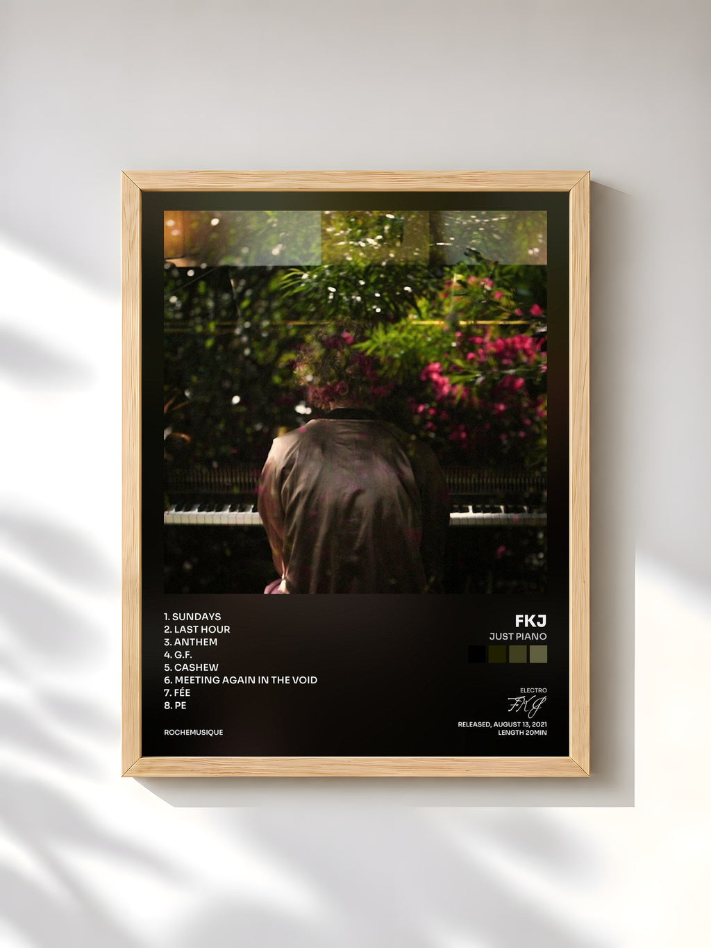 #bois Tableau de l'album Just Piano de FKJ, cadre en bois brut, imprimé et encadré en France