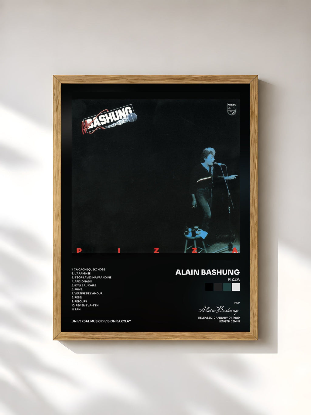 #bois Tableau de l'album Pizza de Alain Bashung, cadre en bois brut, imprimé et encadré en France