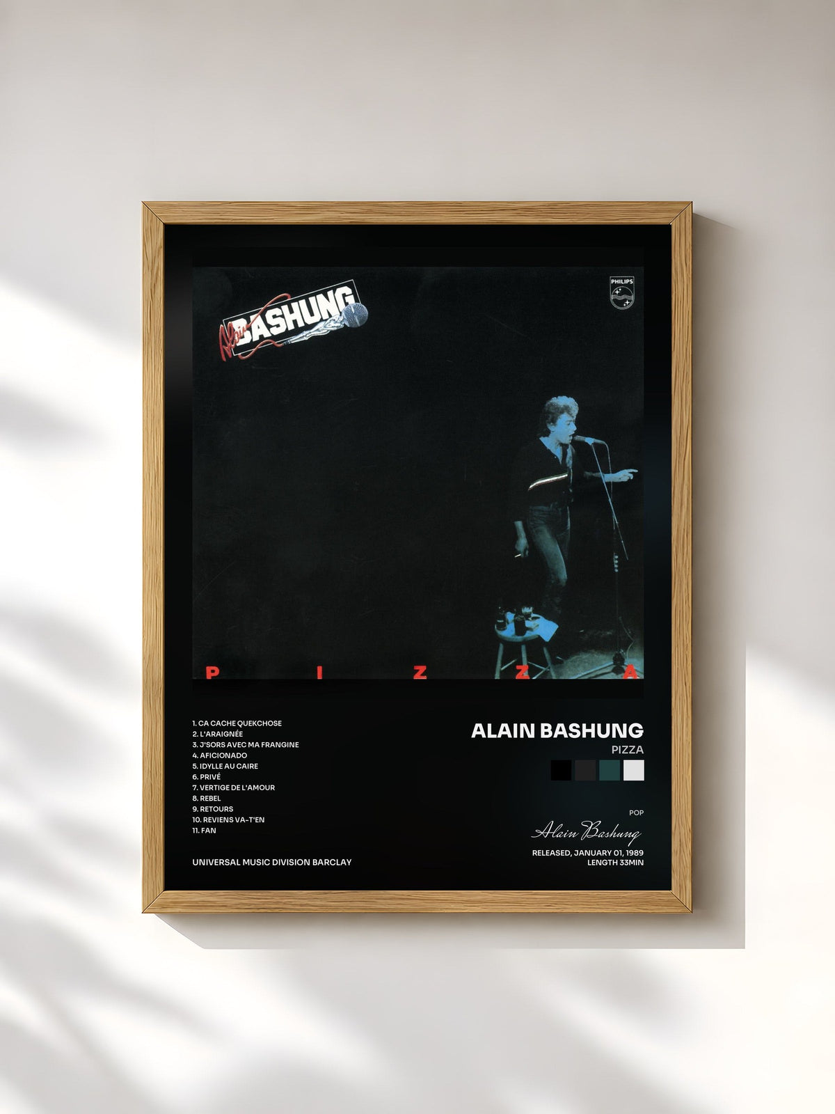 #bois Tableau de l'album Pizza de Alain Bashung, cadre en bois brut, imprimé et encadré en France