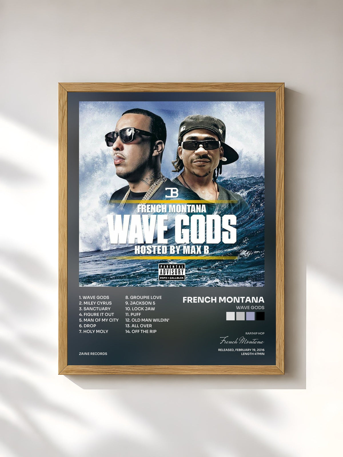 #bois Tableau de l'album Wave Gods de French Montana, cadre en bois brut, imprimé et encadré en France