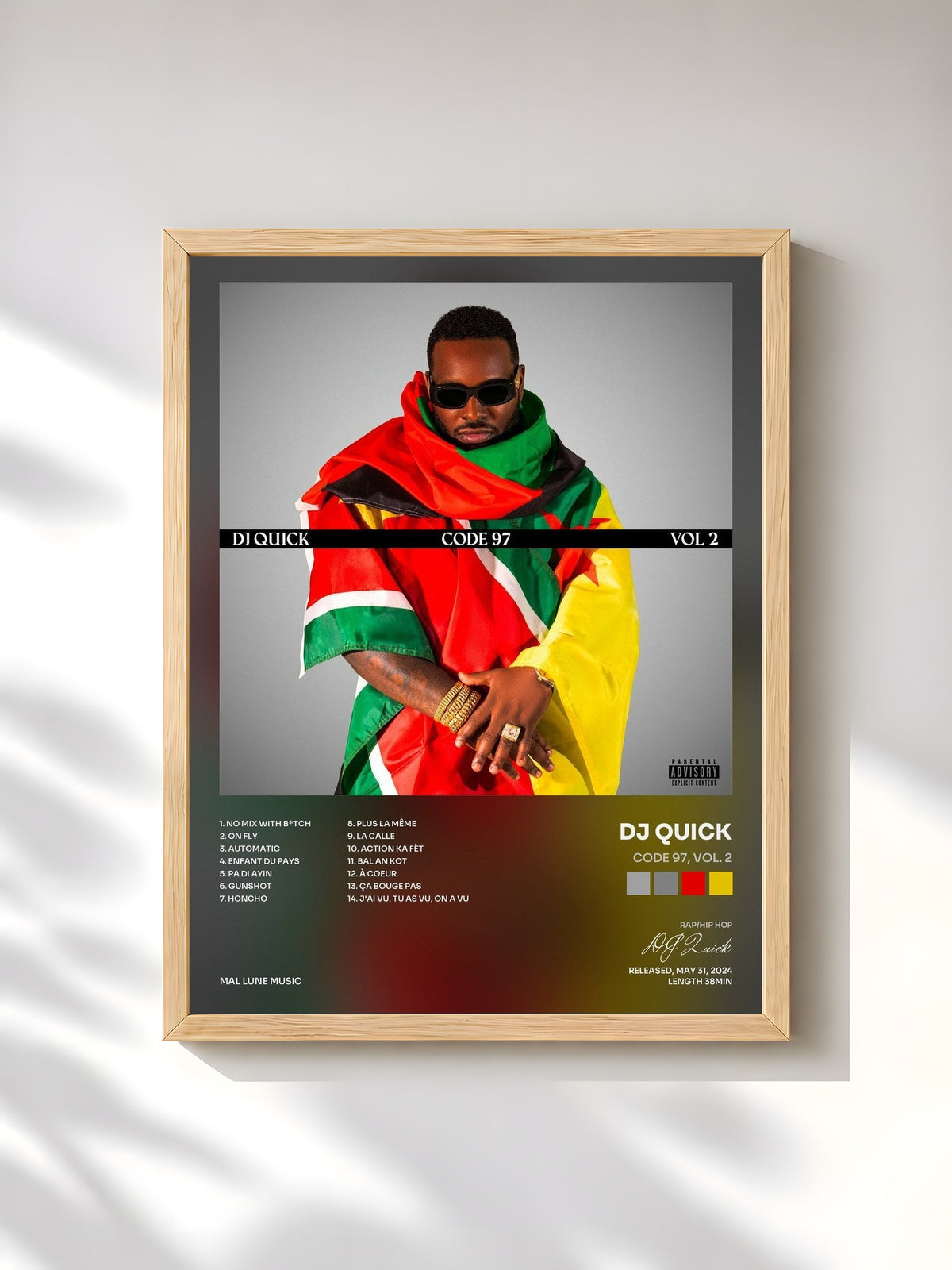 #bois Tableau de l'album CODE 97, Vol. 2 de DJ Quick, cadre en bois brut, imprimé et encadré en France