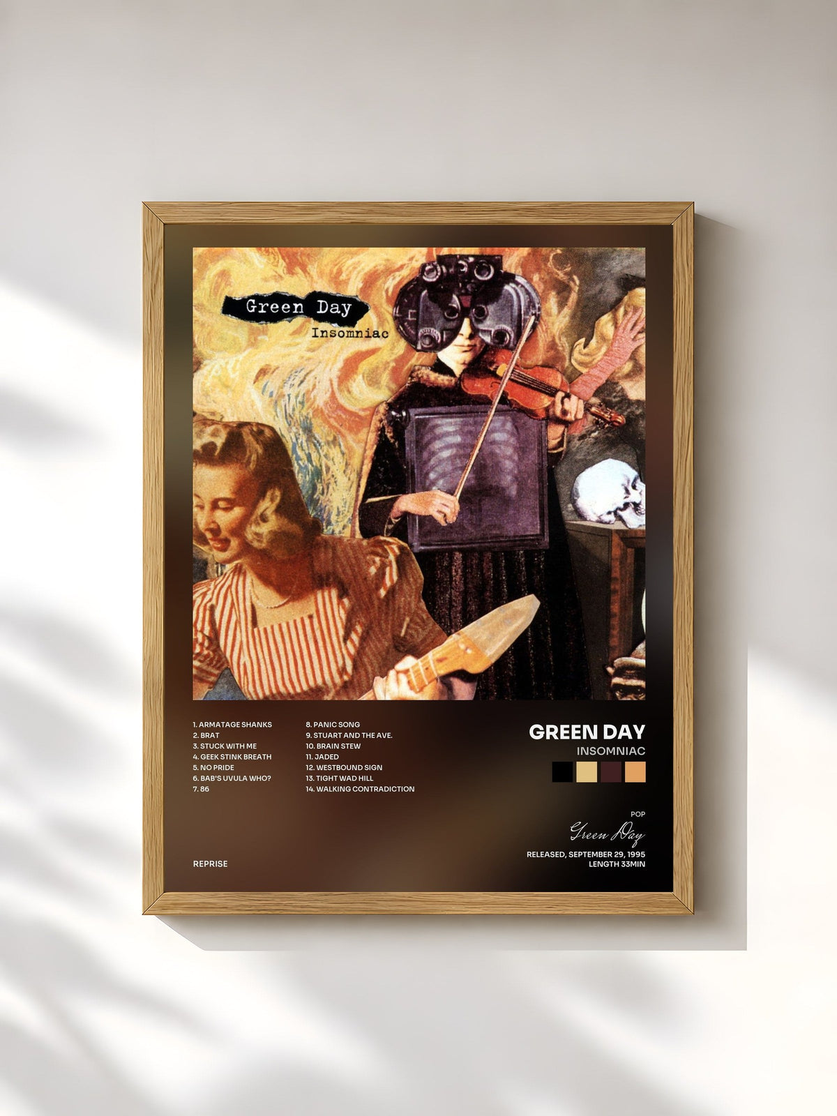 #bois Tableau de l'album Insomniac de Green Day, cadre en bois brut, imprimé et encadré en France