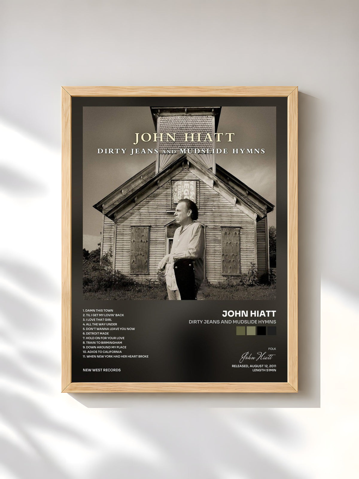 #bois Tableau de l'album Dirty Jeans and Mudslide Hymns de John Hiatt, cadre en bois brut, imprimé et encadré en France