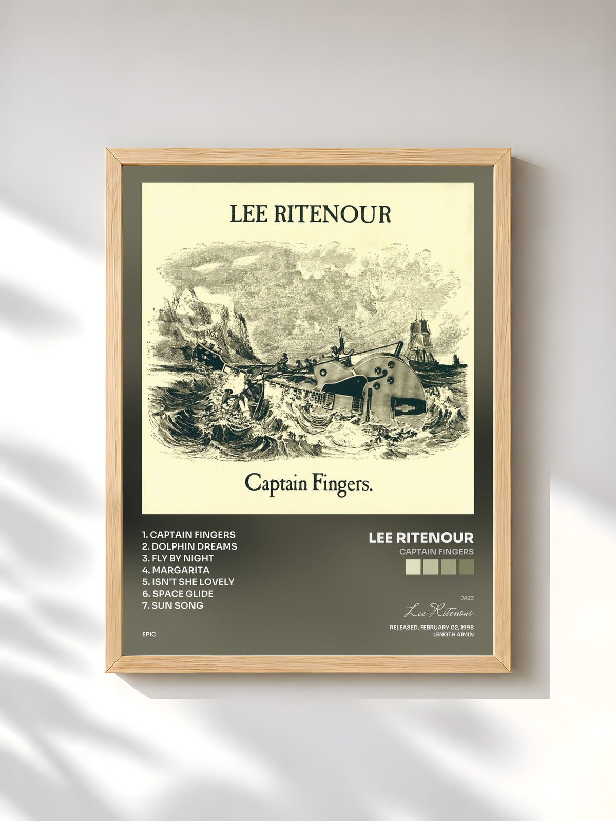 #bois Tableau de l'album CAPTAIN FINGERS de Lee Ritenour, cadre en bois brut, imprimé et encadré en France