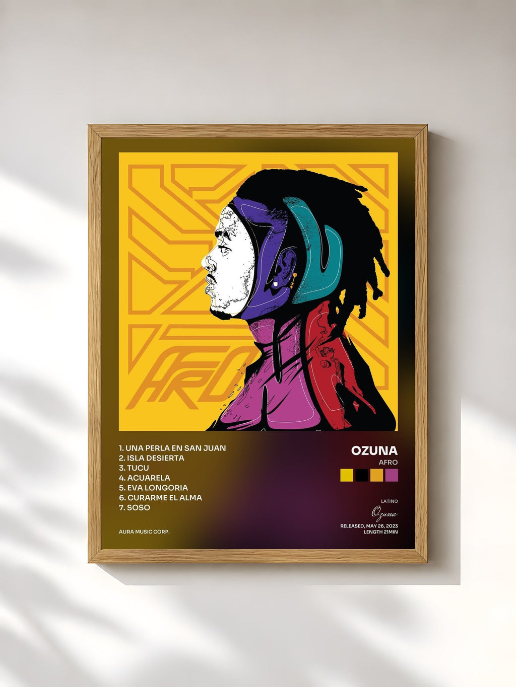 #bois Tableau de l'album Afro de Ozuna, cadre en bois brut, imprimé et encadré en France