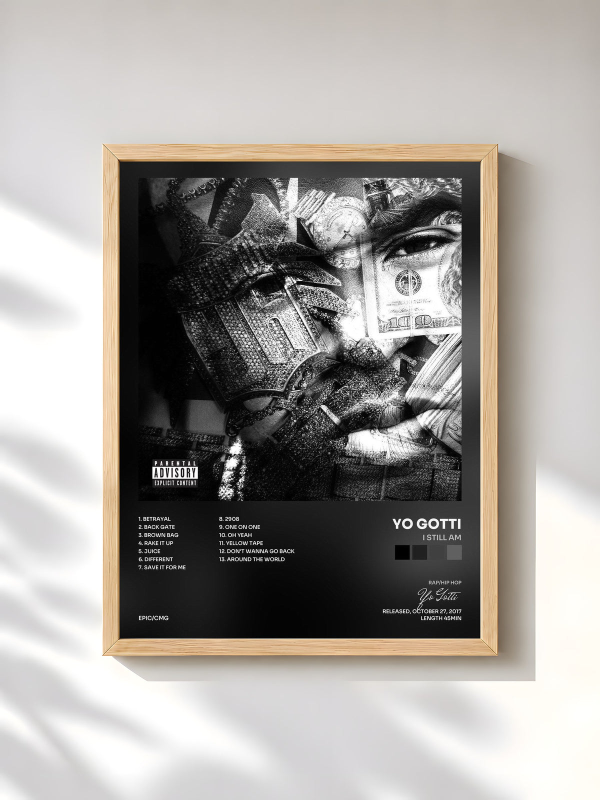 #bois Tableau de l'album I Still Am de Yo Gotti, cadre en bois brut, imprimé et encadré en France