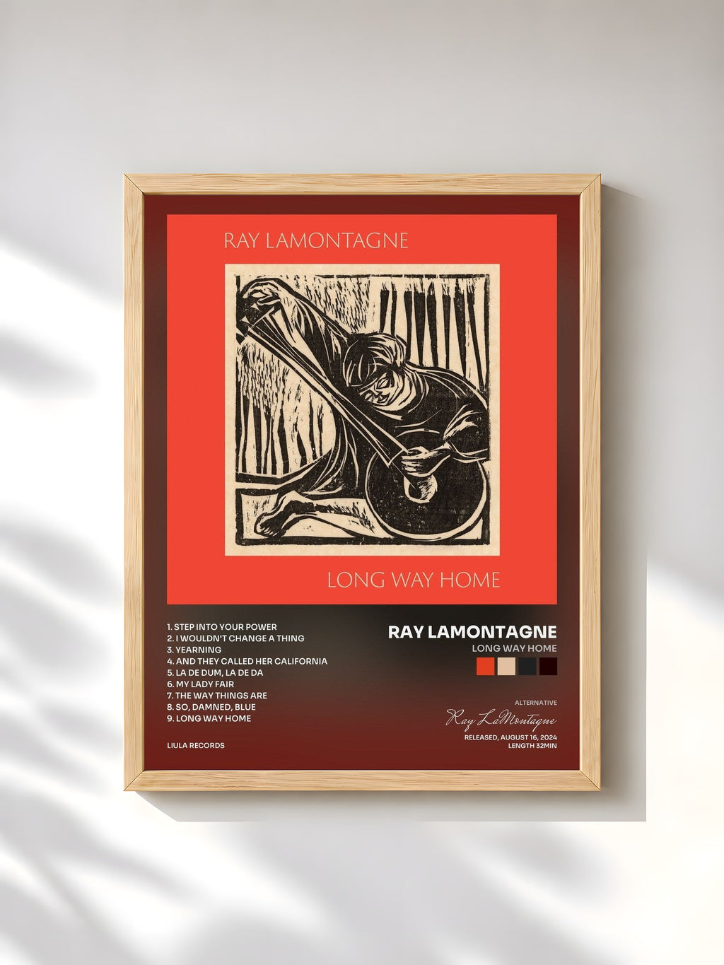 #bois Tableau de l'album Long Way Home de Ray LaMontagne, cadre en bois brut, imprimé et encadré en France