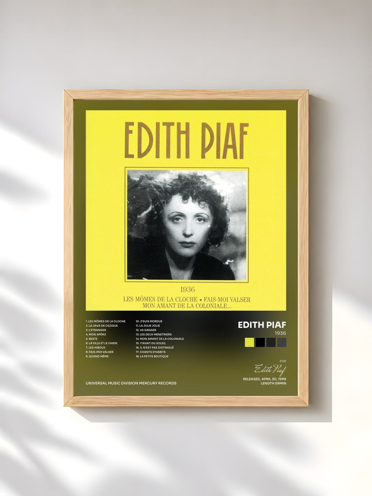 #bois Tableau de l'album 1936 de Edith Piaf, cadre en bois brut, imprimé et encadré en France