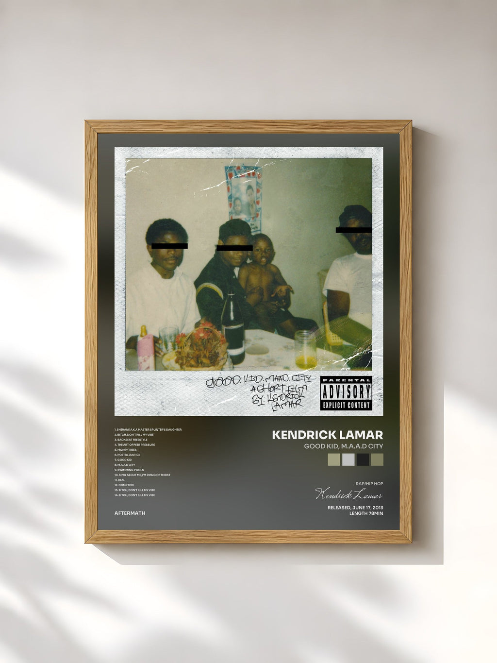 #bois Tableau de l'album good kid, m.A.A.d city de Kendrick Lamar, cadre en bois brut, imprimé et encadré en France