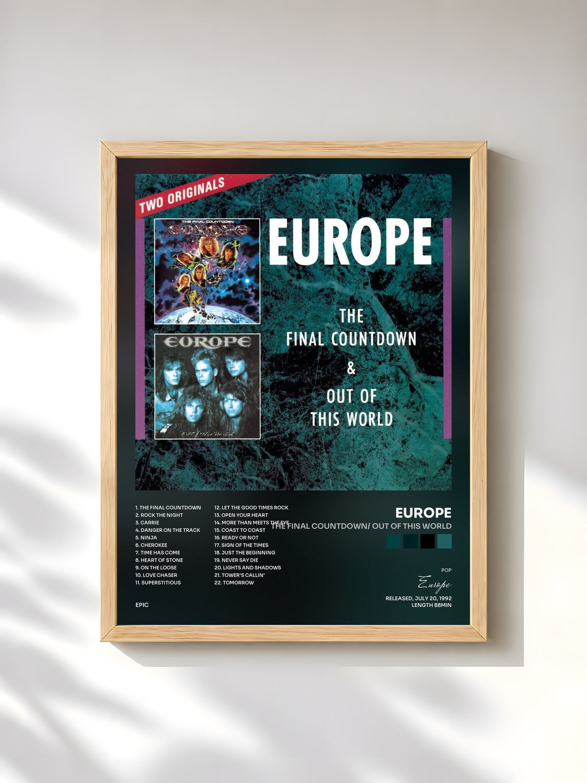 #bois Tableau de l'album The Final Countdown/ Out Of This World de Europe, cadre en bois brut, imprimé et encadré en France