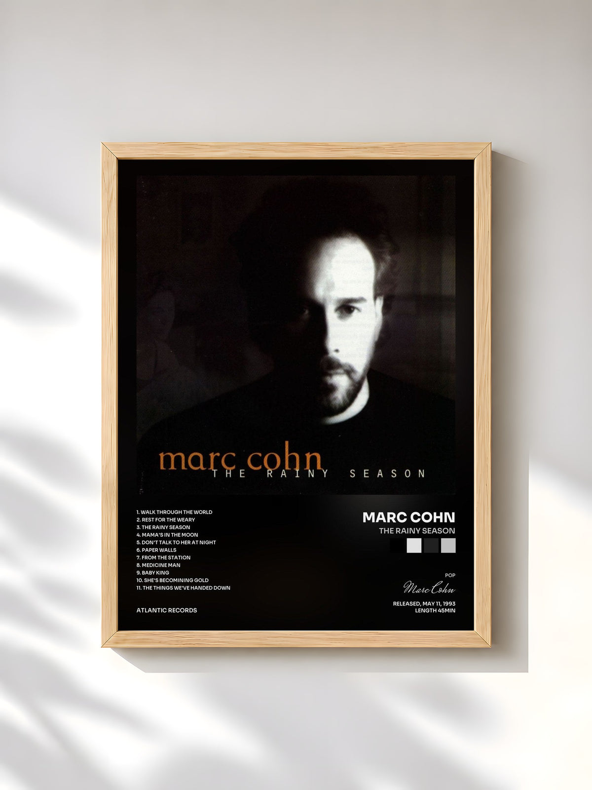 #bois Tableau de l'album The Rainy Season de Marc Cohn, cadre en bois brut, imprimé et encadré en France