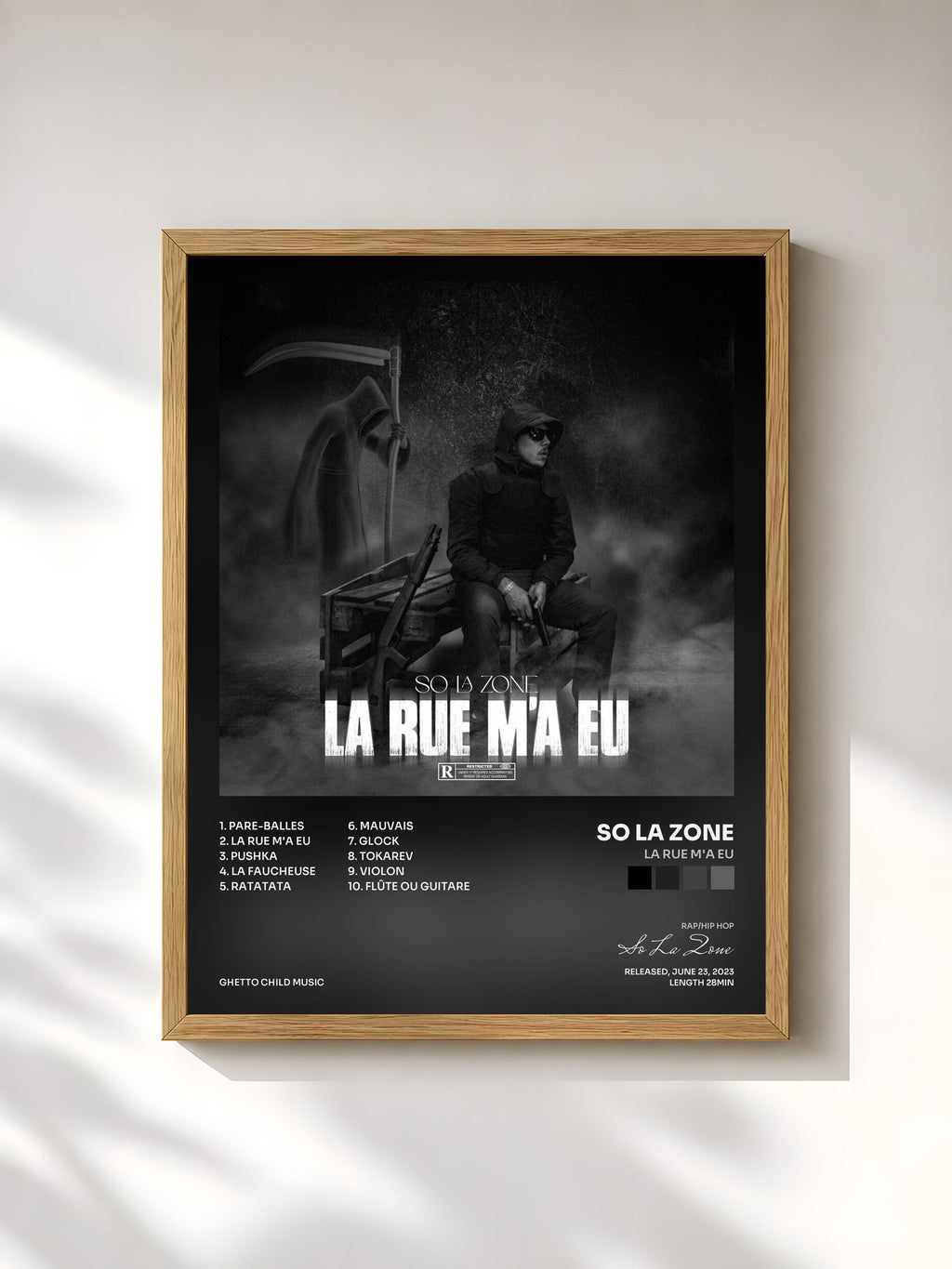 #bois Tableau de l'album La rue m'a eu de So La Zone, cadre en bois brut, imprimé et encadré en France