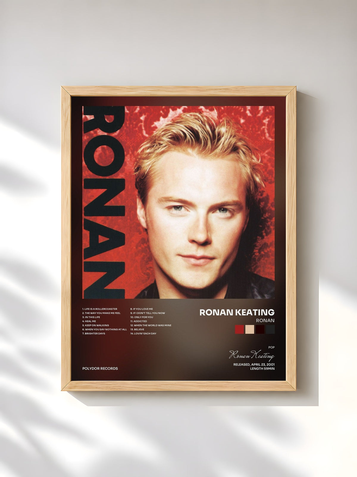#bois Tableau de l'album Ronan de Ronan Keating, cadre en bois brut, imprimé et encadré en France