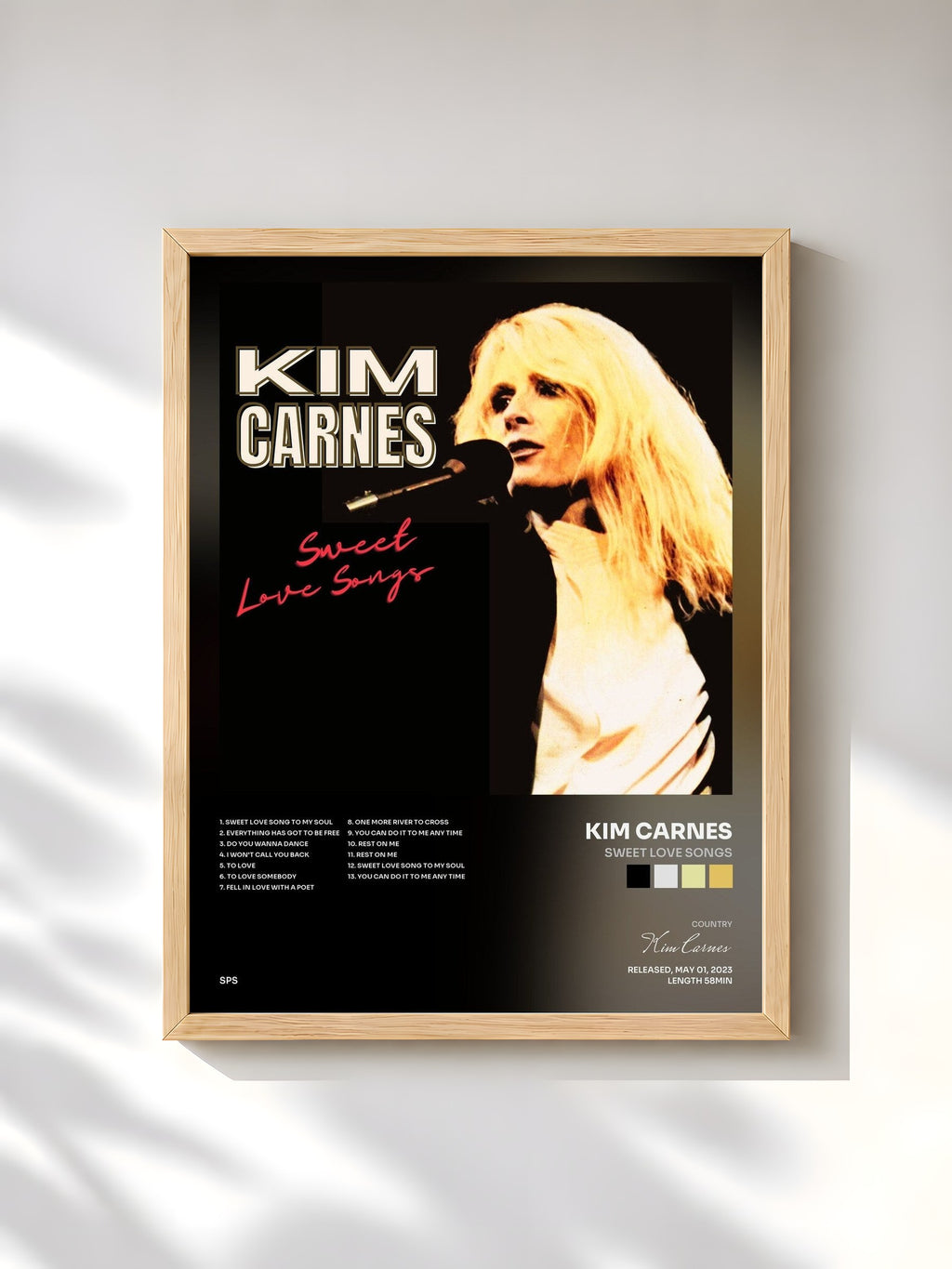 #bois Tableau de l'album Sweet Love Songs de Kim Carnes, cadre en bois brut, imprimé et encadré en France