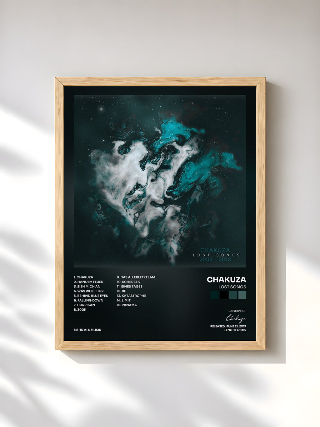 #bois Tableau de l'album Lost Songs de Chakuza, cadre en bois brut, imprimé et encadré en France