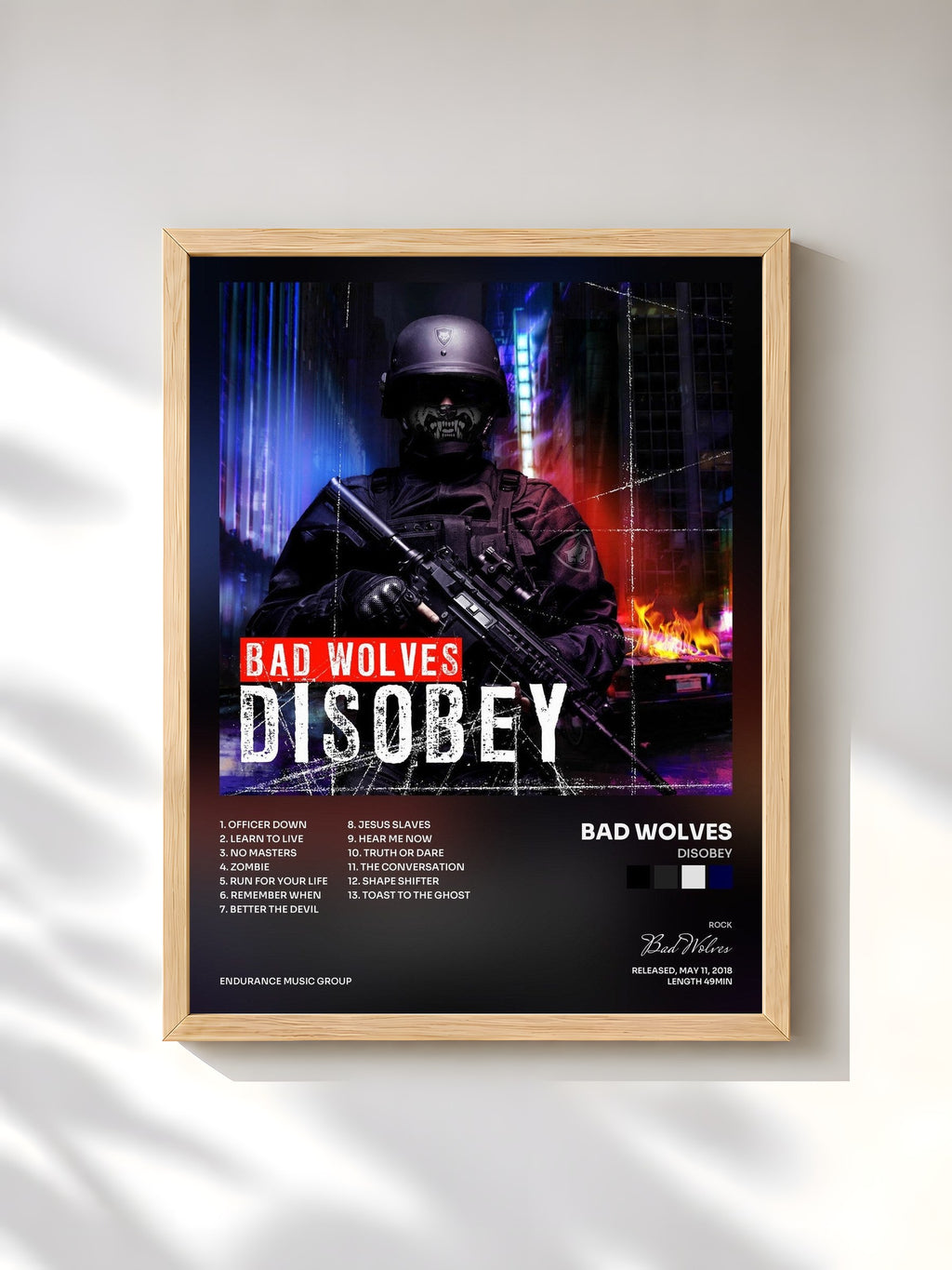 #bois Tableau de l'album Disobey de Bad Wolves, cadre en bois brut, imprimé et encadré en France