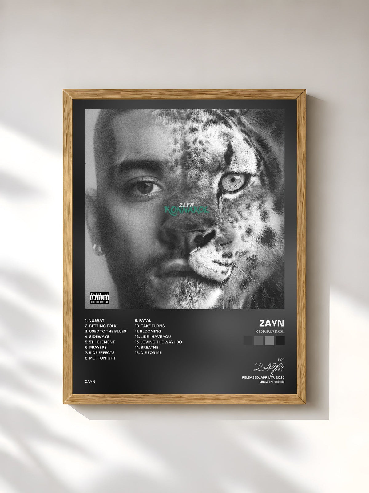 #bois Tableau de l'album KONNAKOL de ZAYN, cadre en bois brut, imprimé et encadré en France